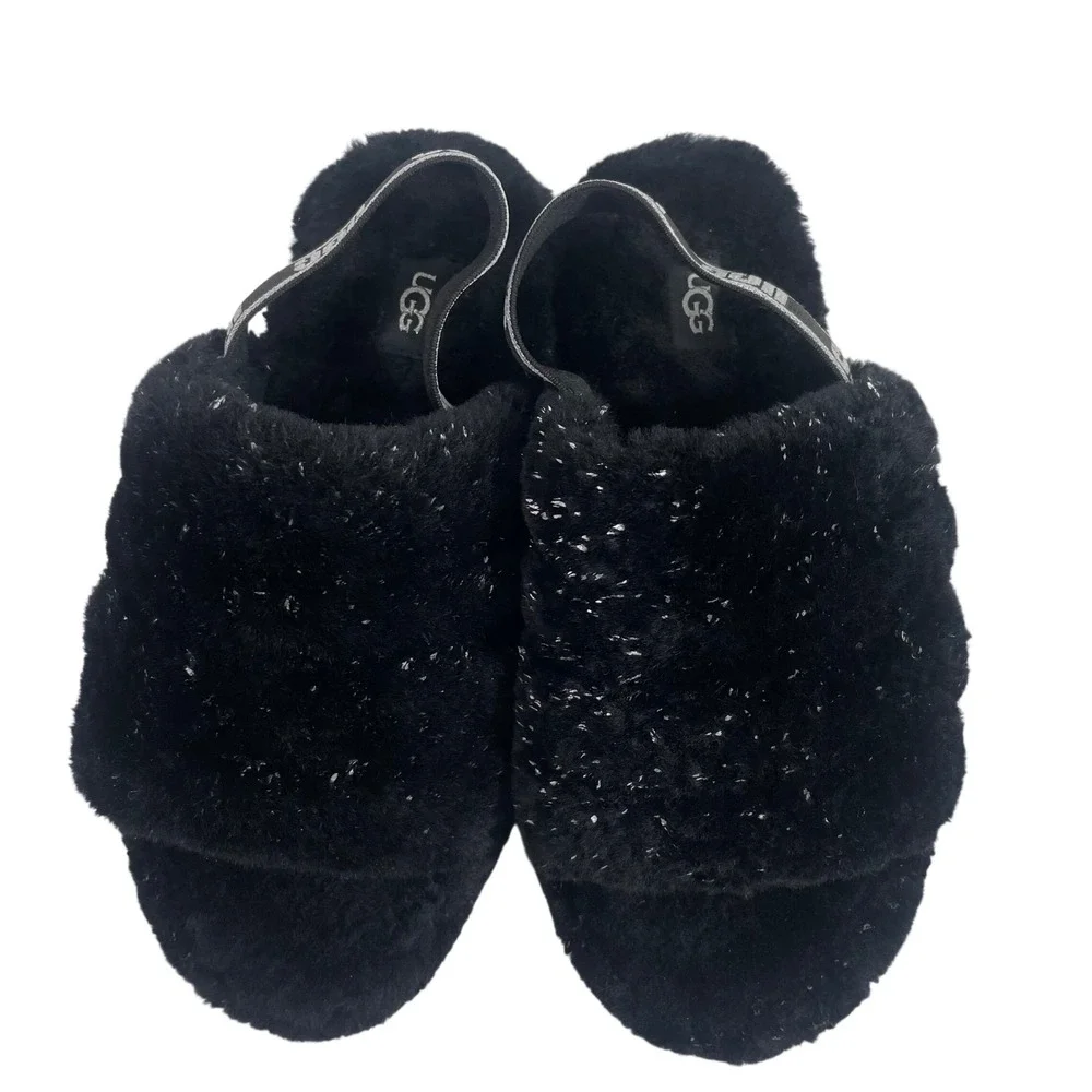 UGG Fluff Yeah Metallic Sparkle Black‎ Slippers Slides Big Kids Size 5 Womens 7